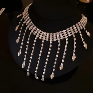Detailed view of luxury rhinestone waterdrop tassel necklace with sparkling silver finish