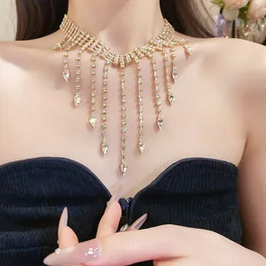 Luxurious close-up of rhinestone tassel necklace with elegant water-drop crystal pendants