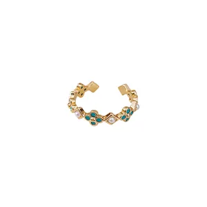 Elegant Chinese style gold open ring with turquoise blue flowers and small pearls