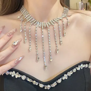 Close-up of sparkling rhinestone tassel necklace with elegant teardrop crystal pendants