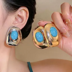 Vintage Palace Style Geometric Resin Oval Stud Earrings For Women 925 Sterling Silver Earring Post Exaggerated Jewelry