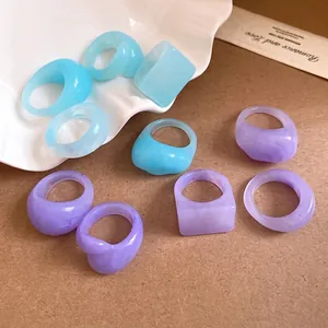 Chic minimalist translucent resin rings in sky blue and purple lavender geometric designs