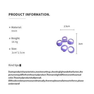 Product specification sheet for purple resin rings showing geometric and pleated designs