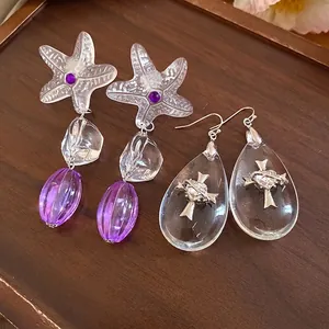 Handmade irregular starfish and teardrop resin drop earrings for vacation style