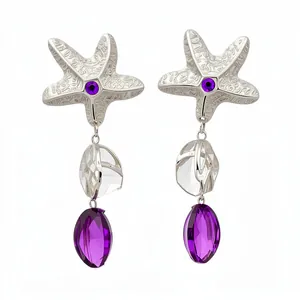Unique starfish pendant earrings with elegant purple faceted gems and silver finish