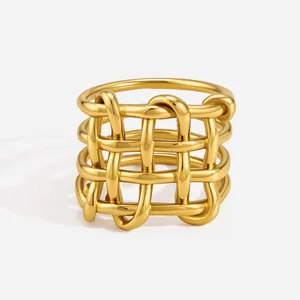 Minimalist Stainless Steel Hollow Geometric Ring For Women Gold Plated Multi Layer Woven Mesh Finger Ring Niche Premium Jewelry Gift