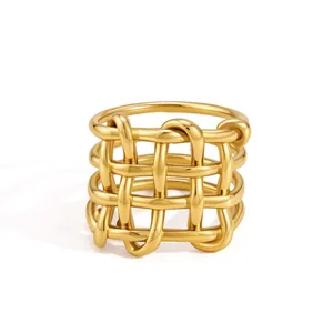 Elegant gold-plated stainless steel hollow woven geometric ring for women