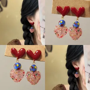 Korean Sweet Heart Resin Drop Earrings For Women Red Heart Rhinestone Earrings With Silver Earring Post Elegant Fashion Jewelry