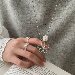 Korean Ins Style Hollow Flower Artificial Pearl Pendant Necklace Alloy Ball Chain Fashion Sweater Chain Jewelry For Women
