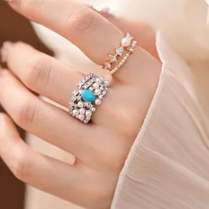 Vintage Palace Style Artificial Pearl Zirconia Ring Elegant Blue Oval Stone Inlaid Adjustable Open Ring For Women Jewelry