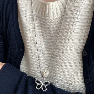 Elegant Korean style pearl flower pendant long sweater chain necklace for women