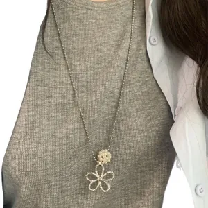 Elegant Korean style silver ball chain necklace featuring a pearl wire flower pendant