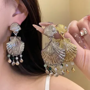 Pendientes de Borla de Concha de Estrella de Mar de Playa Bohemio Para Mujer Joyería de Hierro Acrílico Perla Artificial Poste de Plata Dorado Plateado