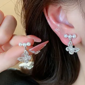 Hollow Butterfly Artificial Pearl Stud Earrings 925 Sterling Silver Post French Style Fashion Jewelry Accessories Gift