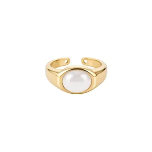 Elegant 18k gold plated minimalist open ring featuring a smooth oval white resin stone