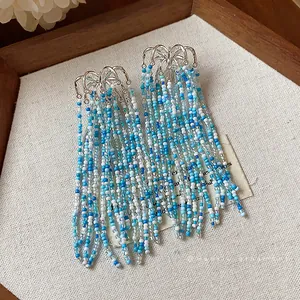 Bohemian firework glass bead tassel earrings with silver hooks for women