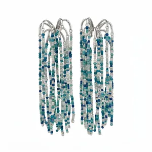 Handcrafted blue and white glass beaded tassel earrings with elegant silver hooks