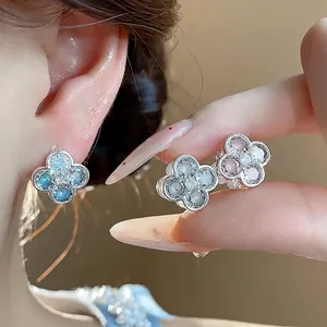 Korean Style Flower Stud Earrings For Women Zirconia Enamel Clover Design Elegant 925 Sterling Silver Post Earrings Jewelry