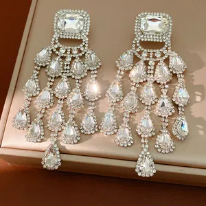 Luxury sparkling chandelier fringe earrings with clear crystal teardrops and studs