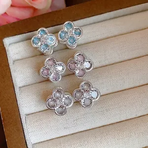 Elegant clover flower stud earrings with colorful zircon and enamel in jewelry box