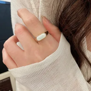 Detailed view of a minimalist 18k gold plated open ring with white resin stone