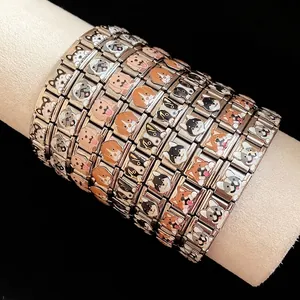 Stainless steel enamel dog charm bracelet featuring cute cartoon puppy face designs