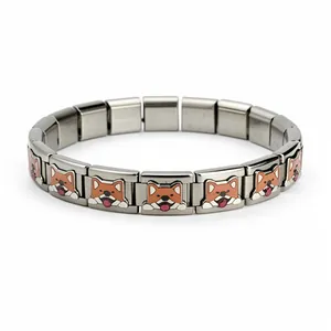 Stainless steel modular charm bracelet with cute Shiba Inu enamel puppy links