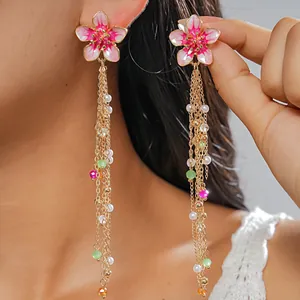 European American Resort Style Drip Oil Flower Tassel Earrings For Women Gold Plated Alloy Long Drop Earrings With Silver Earring Post Artificial Pearl Glass Beads Dopamine Colorful Jewelry