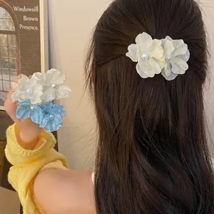 Elegant beach style fabric flower hair clip with pearl detail for sweet fresh look