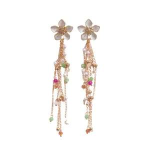 Floral enamel tassel earrings with colorful beads and gold chains for summer vacation