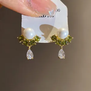 Exquisite 14k gold plated pearl and green zircon stud earrings with teardrop pendant
