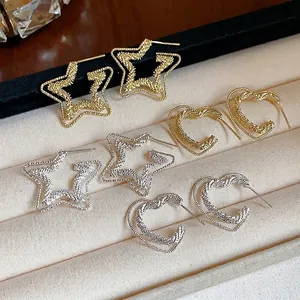 Orecchini a Bottone a Doppio Strato a Forma di Stella e Cuore Stile Coreano Donna Perno in Argento Sterling 925 Gioielli Strass