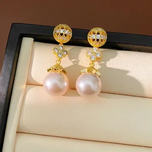 Elegant 18k gold plated clover drop earrings with zircon accents and large round pearls