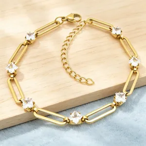Minimalist 304 Stainless Steel Rhombus Rhinestone Paperclip Chain Bracelet Sweet Colorful Stone Hand Jewelry For Women