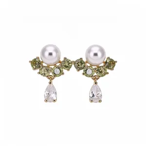 Elegant 14k gold plated stud earrings featuring pearls and olive green zircons