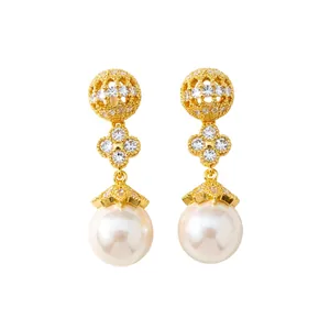 Elegant 18k gold plated pearl drop earrings with zircon clover design for women
