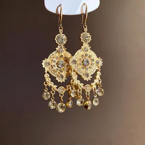 Exquisite vintage palace style gold drop earrings featuring wheat ear patterns and crystals