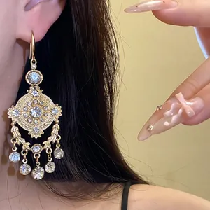 Elegant vintage palace style gold wheat ear dangle earrings with sparkling rhinestones