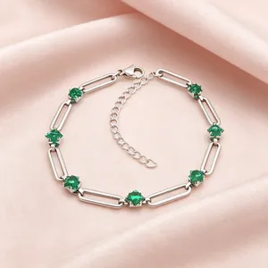 Elegant 304 stainless steel paperclip link bracelet with green rhombus zircon stones