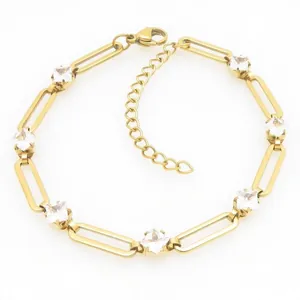 Elegant gold-tone 304 stainless steel paperclip bracelet featuring square-cut zircon stones