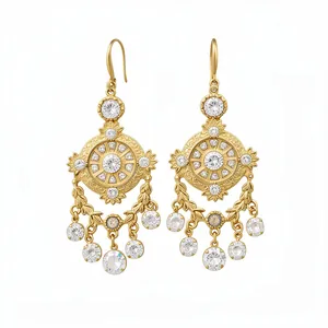 Vintage court style gold earrings with wheat pattern and sparkling rhinestone charms.