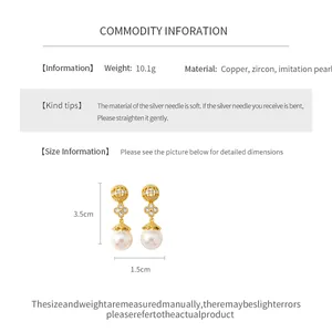 Detail view of pearl earrings with dimensions, 10.1g weight, and material specifications.