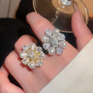 14k Gold Plated Flower Open Ring For Women Vintage French Style Zirconia Artificial Pearl Adjustable Finger Ring Jewelry Gift