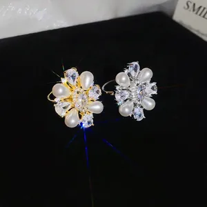 Elegant 14k gold plated zircon flower open ring with lustrous white pearls for women