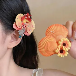 Barrette à Cheveux Bec de Canard en Tissu Coréen avec Fleurs et Coquillages avec Perles Artificielles et Strass Accessoires de Cheveux Élégants pour Femmes