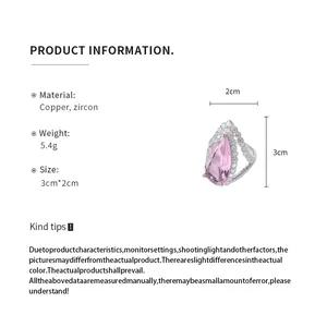 Detailed specifications for pink zircon pear-shaped ring with dimensions and materials.