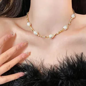 Elegant 18k gold plated beaded necklace with baroque pearls, chic clavicle chain for women