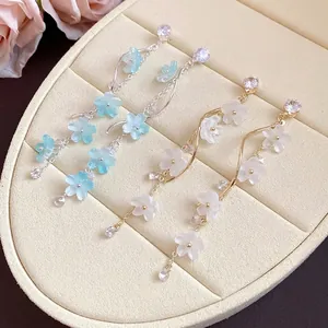 Elegant silver needle flower earrings featuring zircon long tassel drops for women