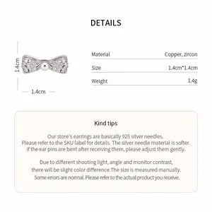 Detailed product specifications of minimalist silver bow ear clip with zircon and pearl beads