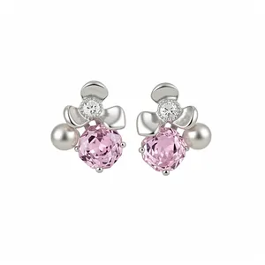 Elegant floral stud earrings featuring pink crystals and white pearl accents silver